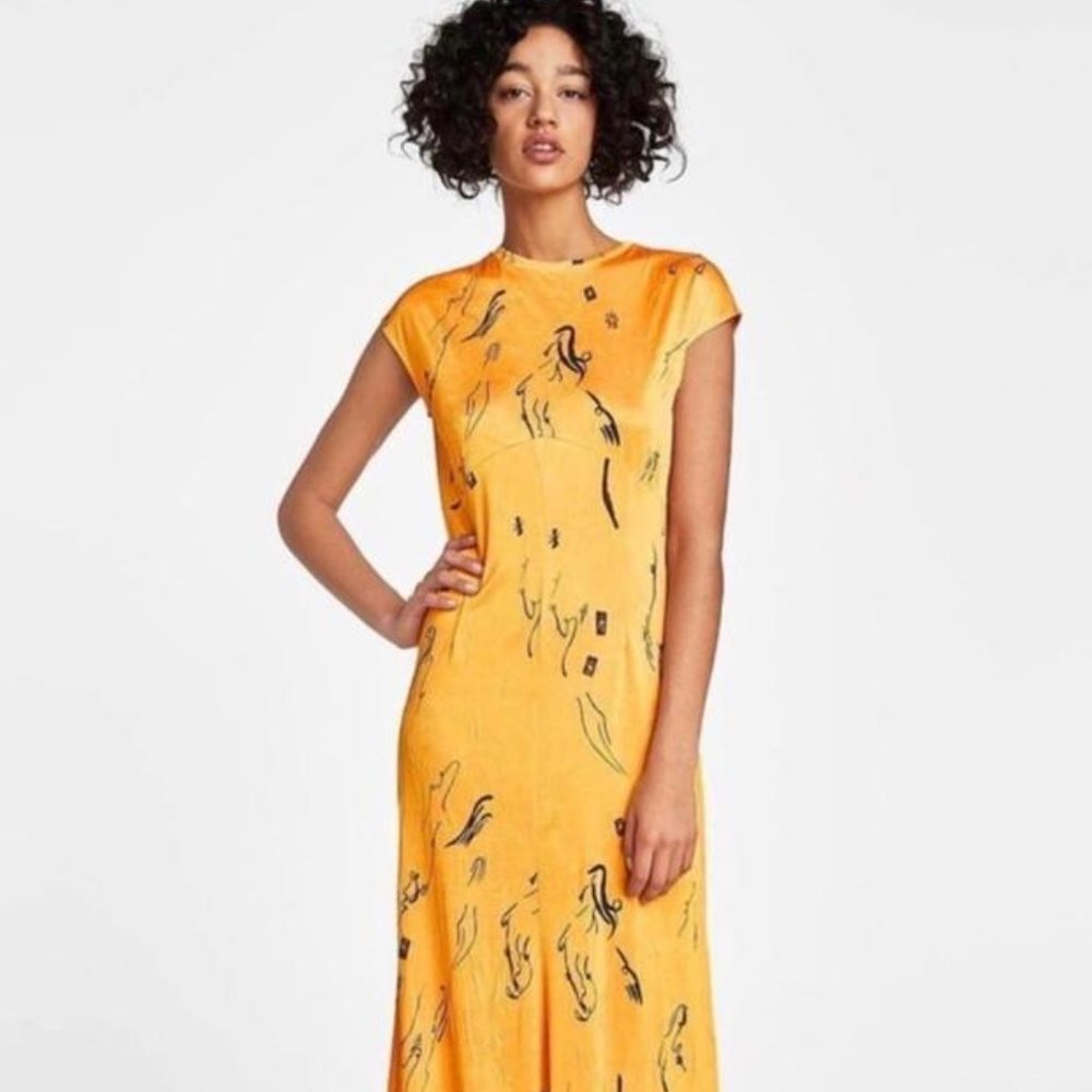 Zara canary yellow maxi printed dress, S